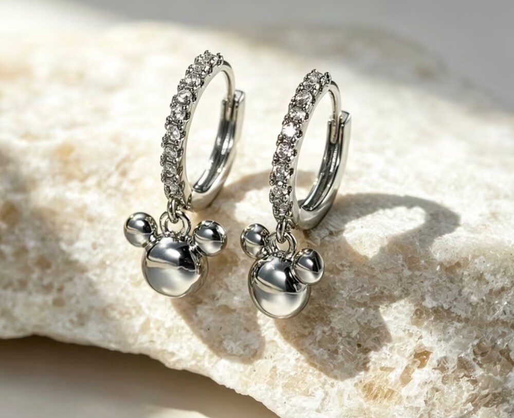 Mickey Mouse Dangle Hoop Earrings Silver Tone Crystal Pavé Disney Inspired New